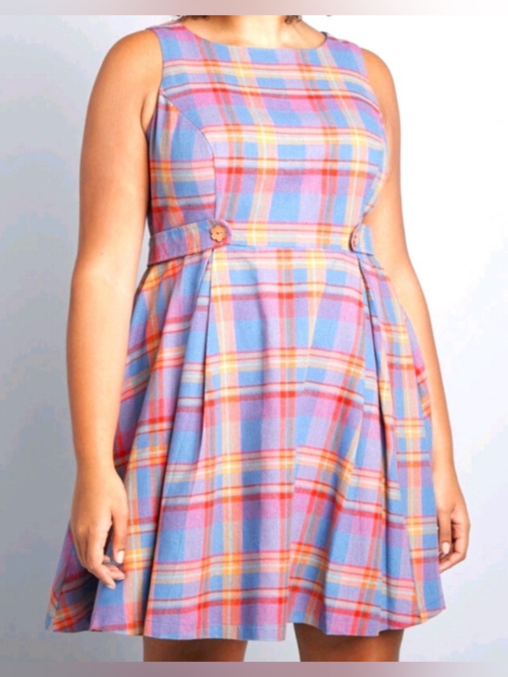 ModCloth Plaid Sleeveless Fit & Flare Dress Cotton Linen Blend Size 14